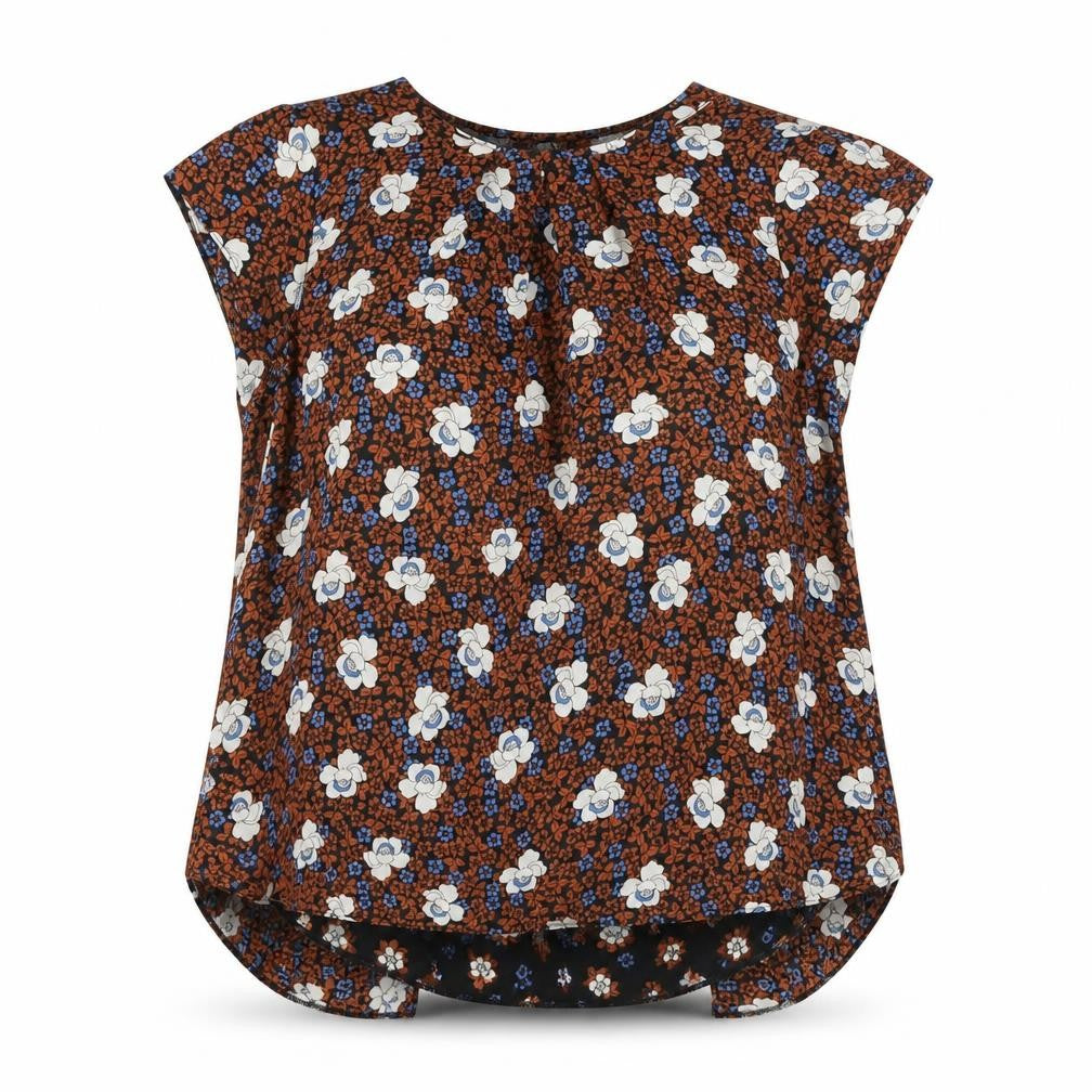 Front view of Dorothy Perkins women’s brown floral polyester basic blouse, size UK 14, round neck