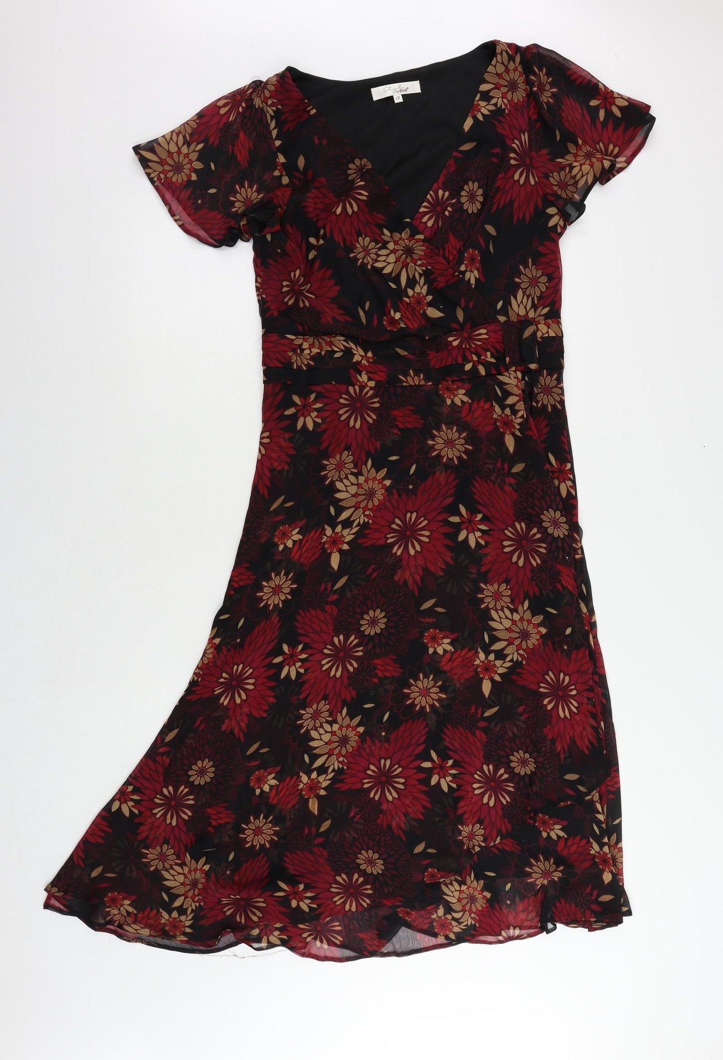 EWM Womens Red Floral Polyester A-Line Size 12 V-Neck Zip