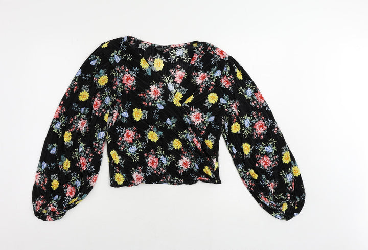 Topshop Womens Black Floral Polyester Cropped Blouse Size 10 V-Neck - Plisse