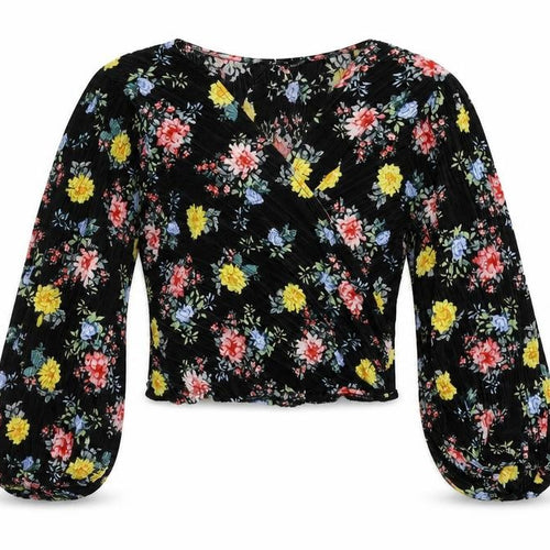 Topshop Womens Black Floral Polyester Cropped Blouse Size 10 V-Neck - Plisse
