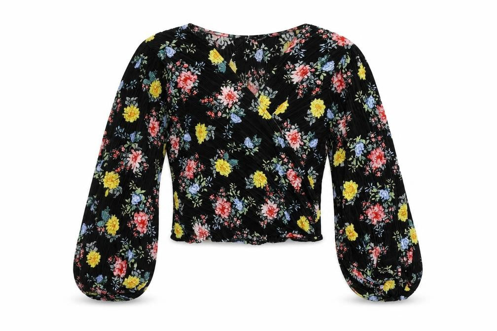 Topshop Womens Black Floral Polyester Cropped Blouse Size 10 V-Neck - Plisse