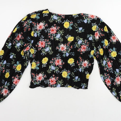 Topshop Womens Black Floral Polyester Cropped Blouse Size 10 V-Neck - Plisse