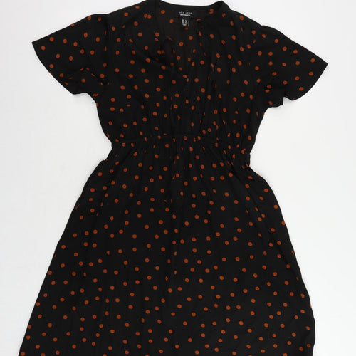 New Look Womens Black Polka Dot Polyester A-Line Size 8 V-Neck