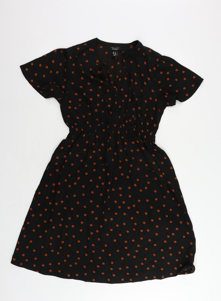 New Look Womens Black Polka Dot Polyester A-Line Size 8 V-Neck