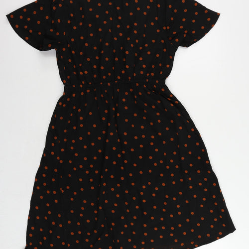 New Look Womens Black Polka Dot Polyester A-Line Size 8 V-Neck
