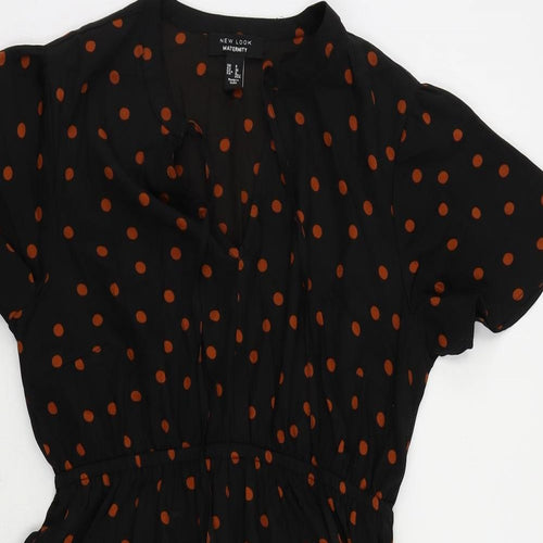 New Look Womens Black Polka Dot Polyester A-Line Size 8 V-Neck