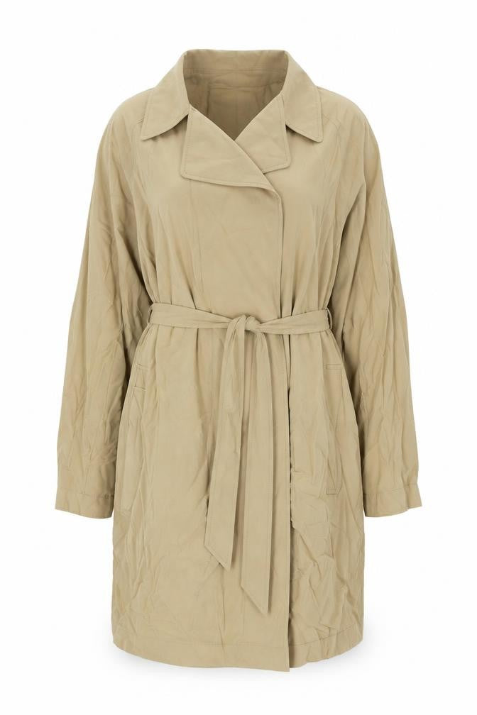 Front view of Marks & Spencer women’s beige overcoat coat, size UK 14, - belted