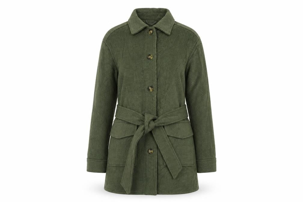 Front view of Marks & Spencer women’s green pea coat coat, size UK 10, button - belted
