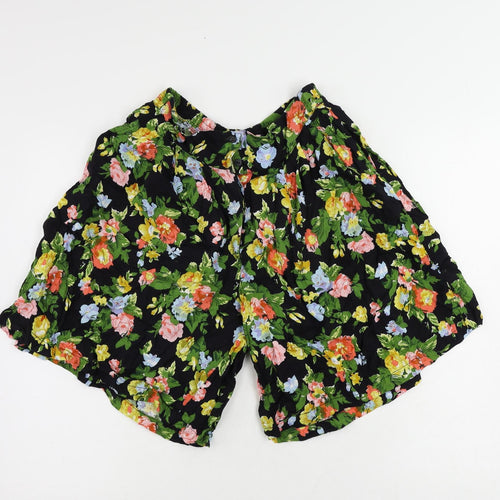 Casual Woman Womens Black Floral Cotton Basic Shorts Size 16 L9 in Regular Button - Elastic Waist