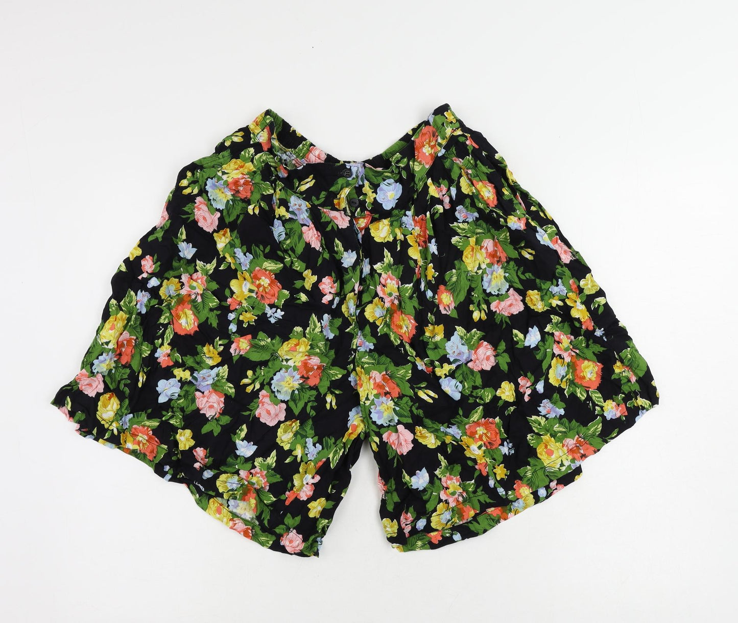 Casual Woman Womens Black Floral Cotton Basic Shorts Size 16 L9 in Regular Button - Elastic Waist