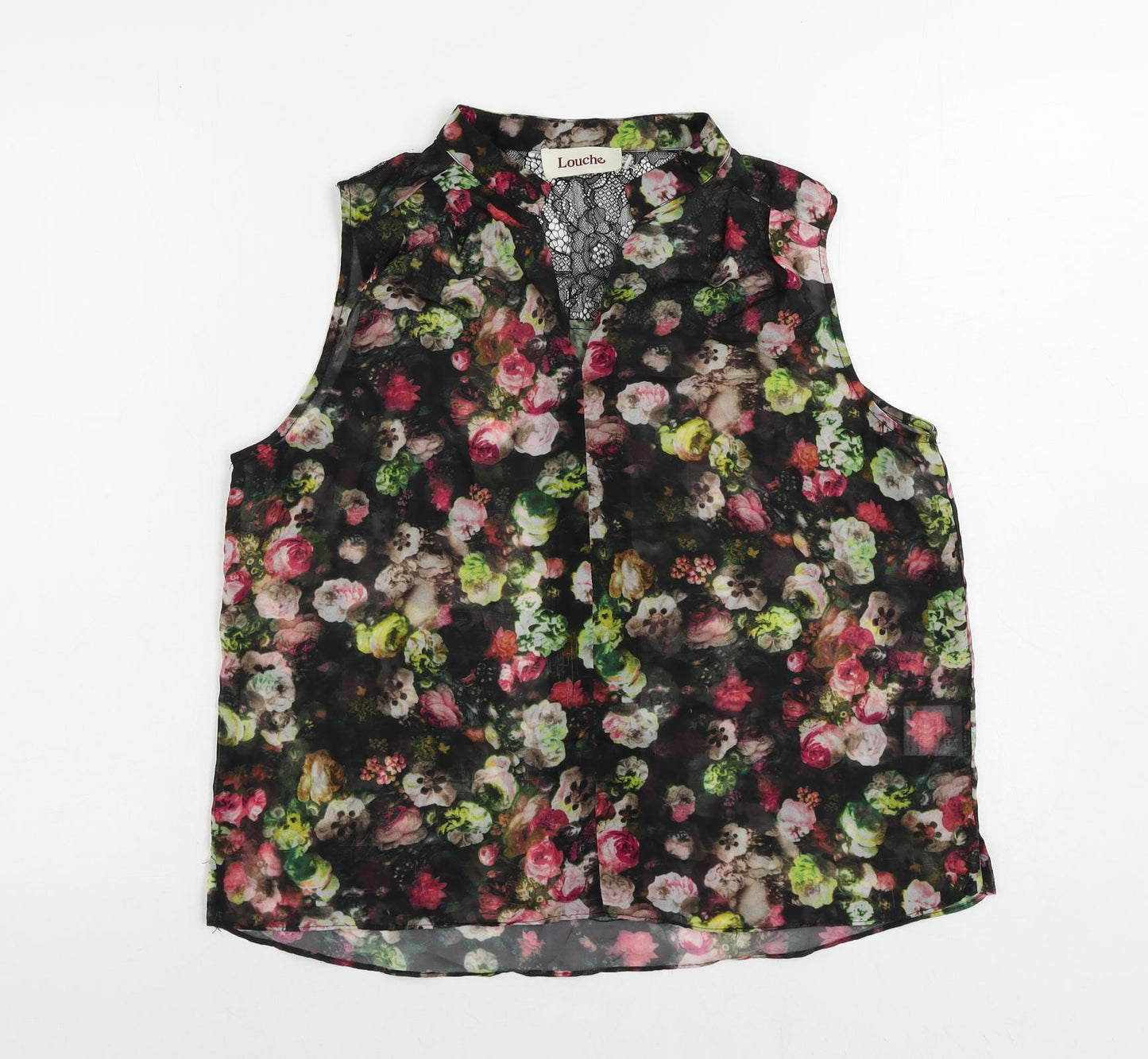 Louche Womens Black Floral Polyester Basic Blouse Size 14 V-Neck - Sheer Lace Detail