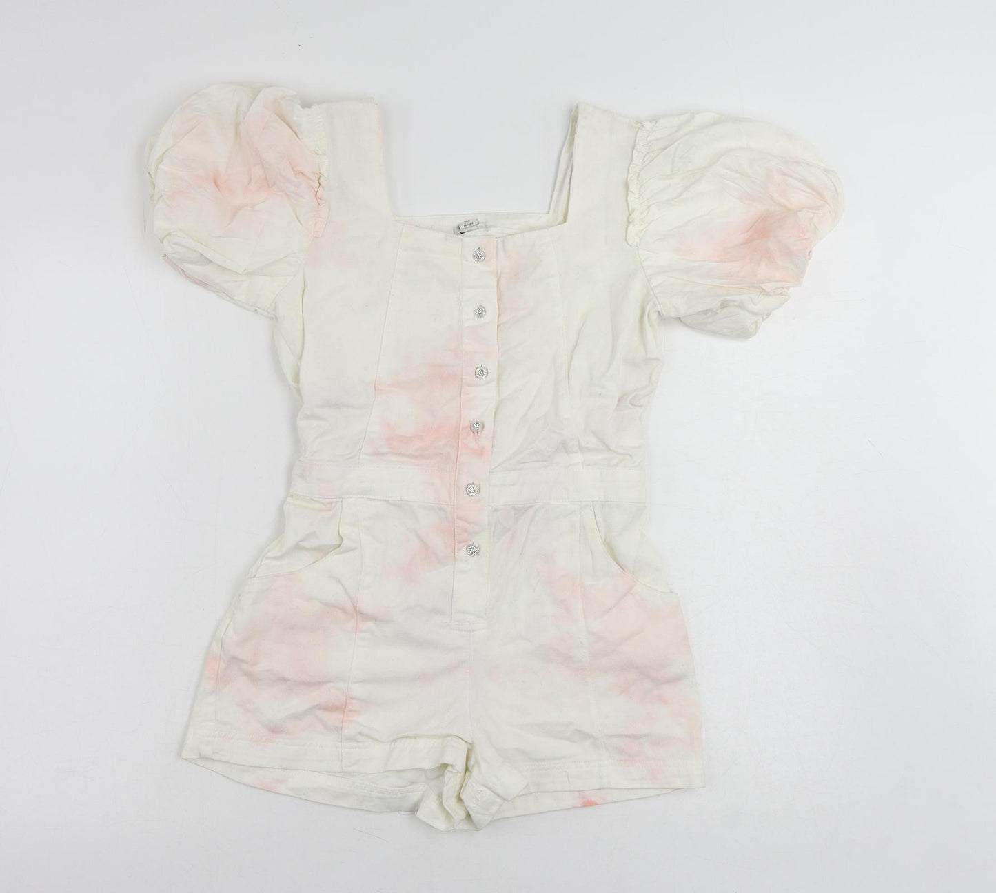River Island Girls White Tie Dye Cotton Playsuit One-Piece Size 12 Years Button - Pockets