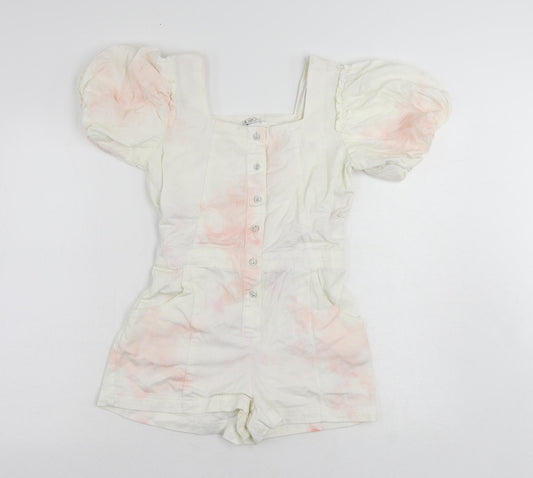River Island Girls White Tie Dye Cotton Playsuit One-Piece Size 12 Years Button - Pockets