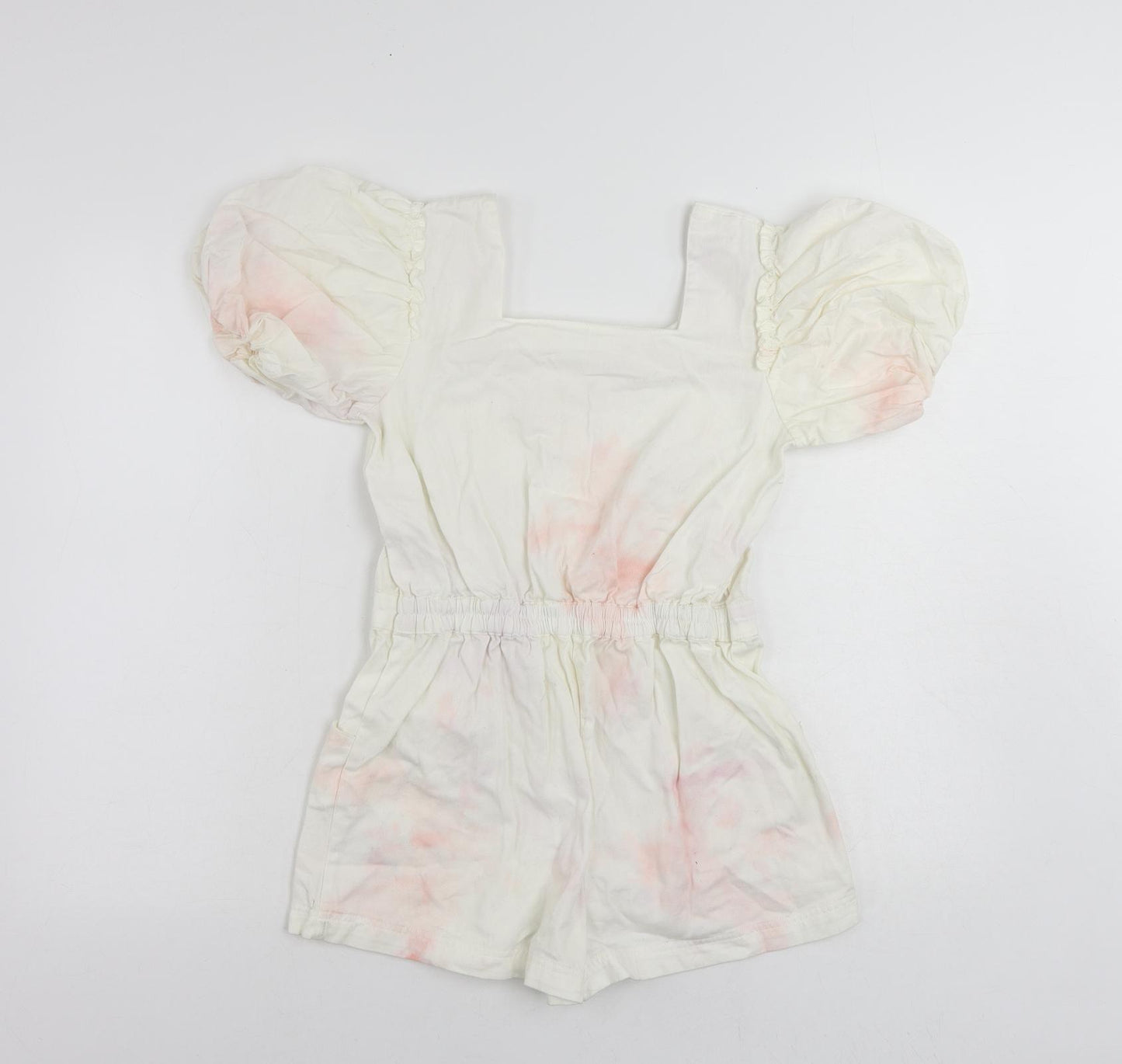 River Island Girls White Tie Dye Cotton Playsuit One-Piece Size 12 Years Button - Pockets
