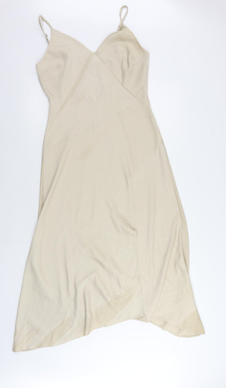 River Island Womens Beige Polyester Slip Dress Size 10 V-Neck Pullover