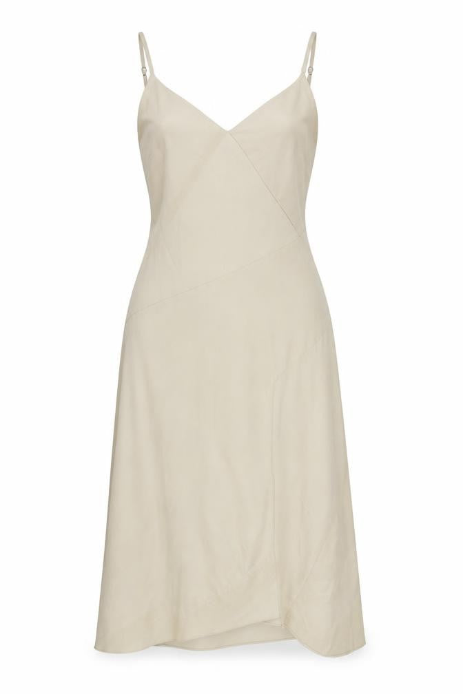 Front view of River Island women’s beige polyester slip dress, size UK 10, v-neck pullover