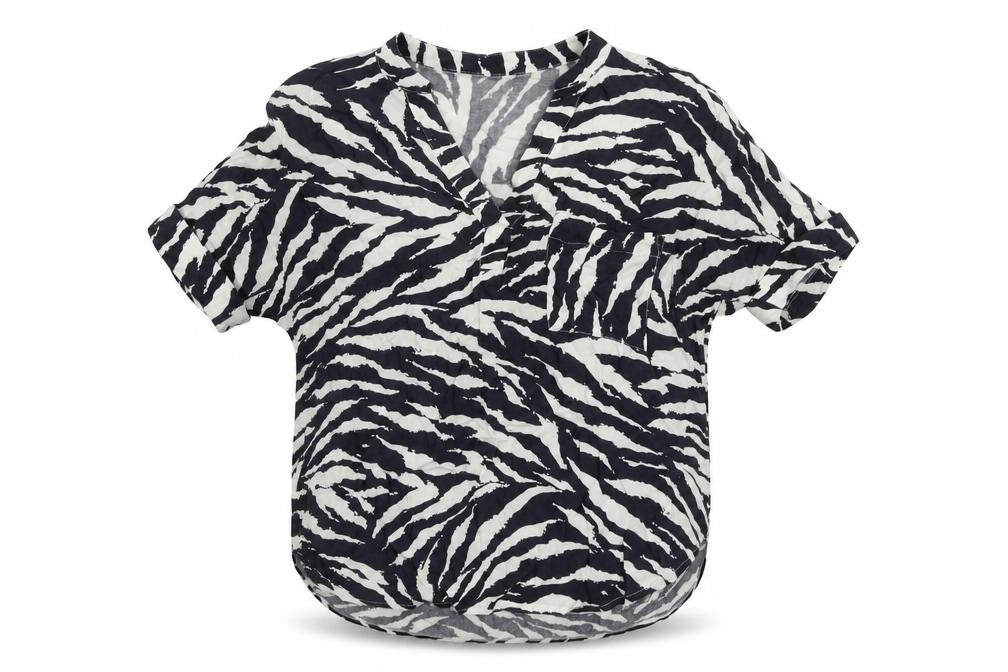 Front view of Warehouse women’s blue animal print viscose basic blouse, size UK 8, v-neck