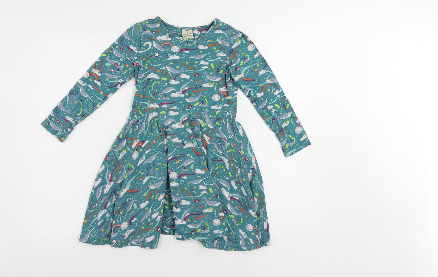 Frugi Girls Green Geometric Cotton Skater Dress Size 6-7 Years Round Neck Pullover