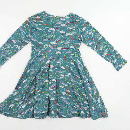 Frugi Girls Green Geometric Cotton Skater Dress Size 6-7 Years Round Neck Pullover