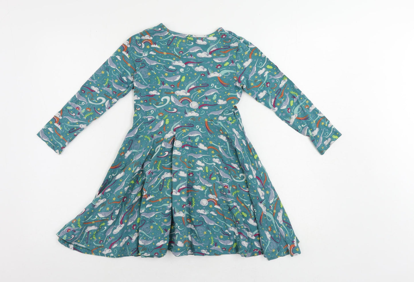 Frugi Girls Green Geometric Cotton Skater Dress Size 6-7 Years Round Neck Pullover