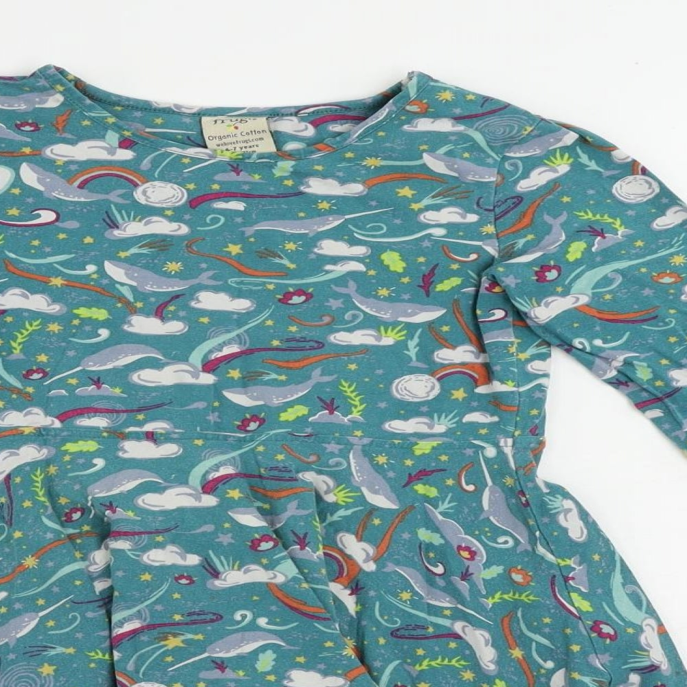 Frugi Girls Green Geometric Cotton Skater Dress Size 6-7 Years Round Neck Pullover