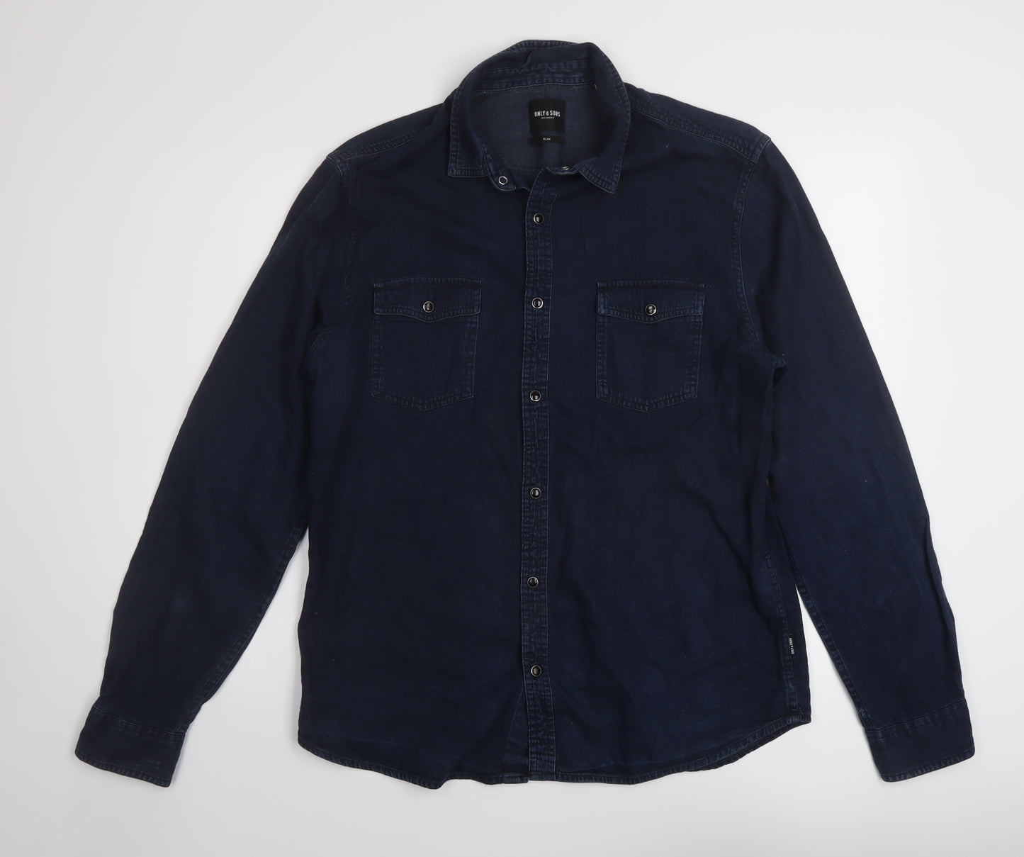 ONLY & SONS Mens Blue Cotton Button-Up Size XL Collared Snap