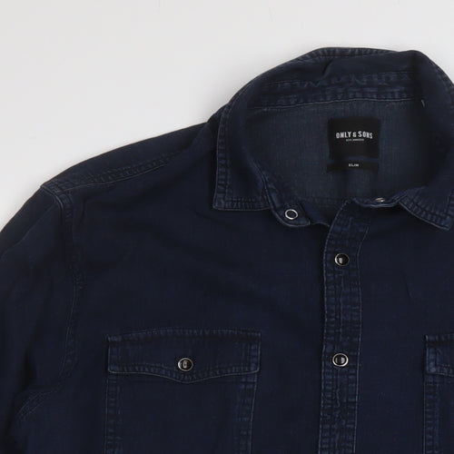 ONLY & SONS Mens Blue Cotton Button-Up Size XL Collared Snap