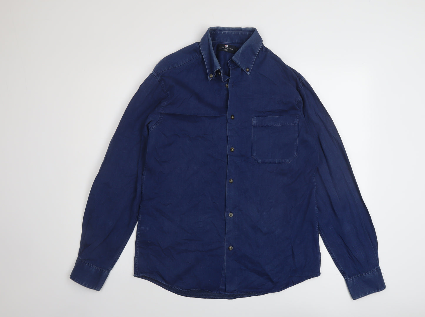 Blue Harbour Mens Blue Cotton Button-Up Size S Collared Button
