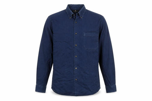 Front view of Blue Harbour men’s blue cotton button-up, size S, collared button