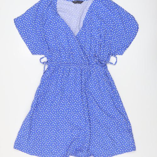 Marks and Spencer Womens Blue Polka Dot Viscose A-Line Size 8 V-Neck Pullover