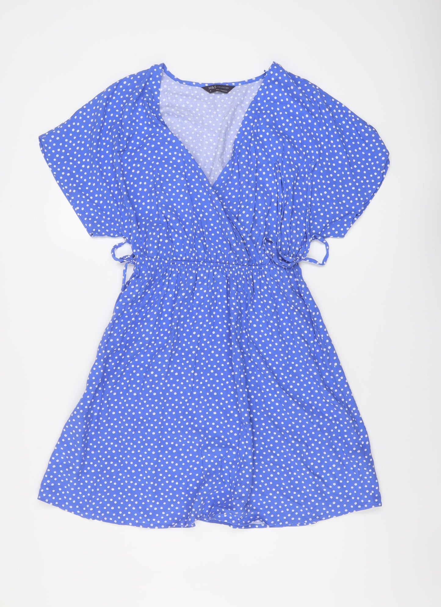 Marks and Spencer Womens Blue Polka Dot Viscose A-Line Size 8 V-Neck Pullover