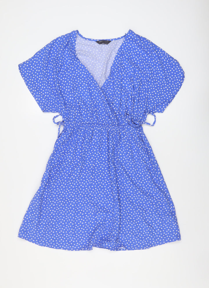 Marks and Spencer Womens Blue Polka Dot Viscose A-Line Size 8 V-Neck Pullover
