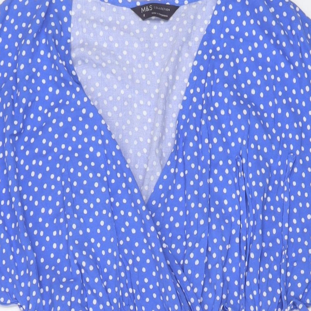 Marks and Spencer Womens Blue Polka Dot Viscose A-Line Size 8 V-Neck Pullover