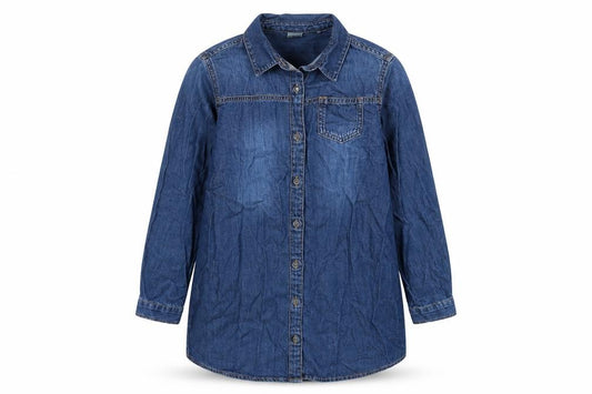 Front view of Next girls’ blue cotton basic button-up, size 10, years collared button
