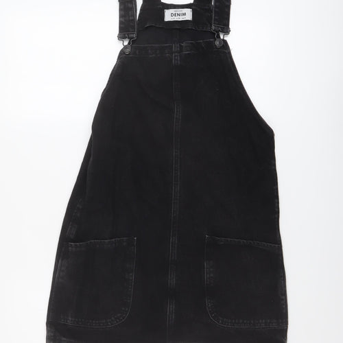 New Look Womens Black Cotton Pinafore/Dungaree Dress Size 8 Square Neck Button