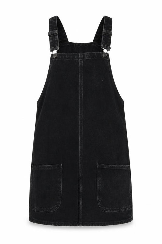 Front view of New Look women’s black cotton pinafore/dungaree dress, size UK 8, square neck button