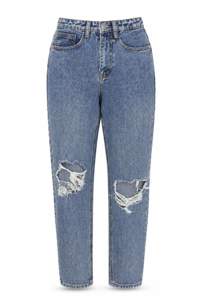 Front view of PRETTYLITTLETHING women’s blue cotton mom jeans, size UK 4, 30-inch leg regular button