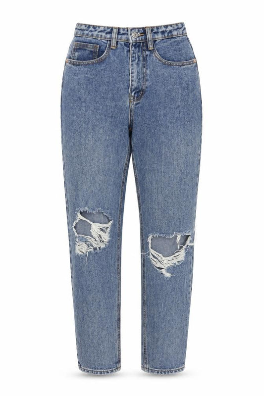 Front view of PRETTYLITTLETHING women’s blue cotton mom jeans, size UK 4, 30-inch leg regular button