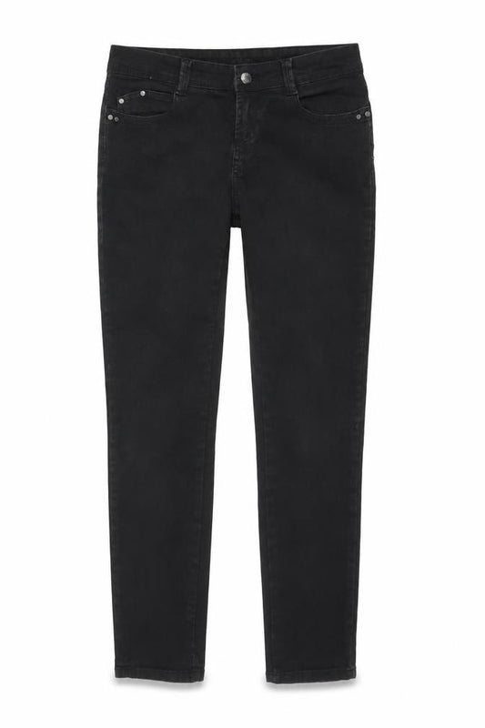 Front view of Denim & Co. women’s black cotton skinny jeans, size UK 10, 30-inch leg regular button