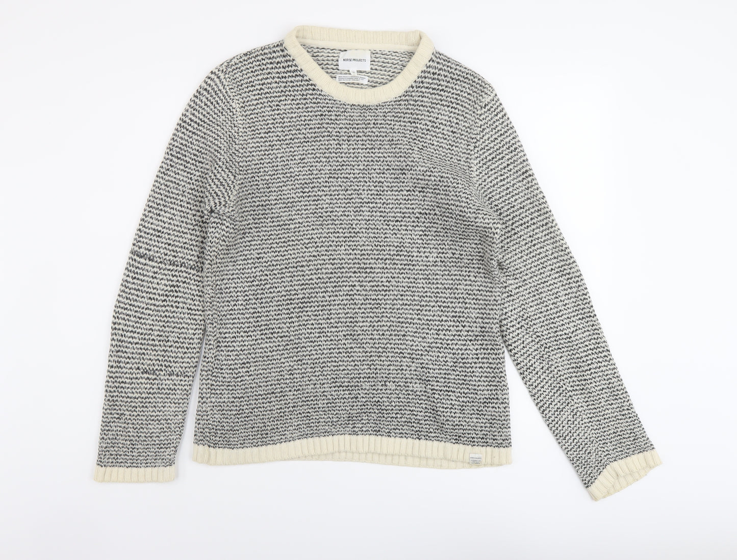 Norse Projects Mens Ivory Round Neck Geometric Wool Pullover Jumper Size M Long Sleeve
