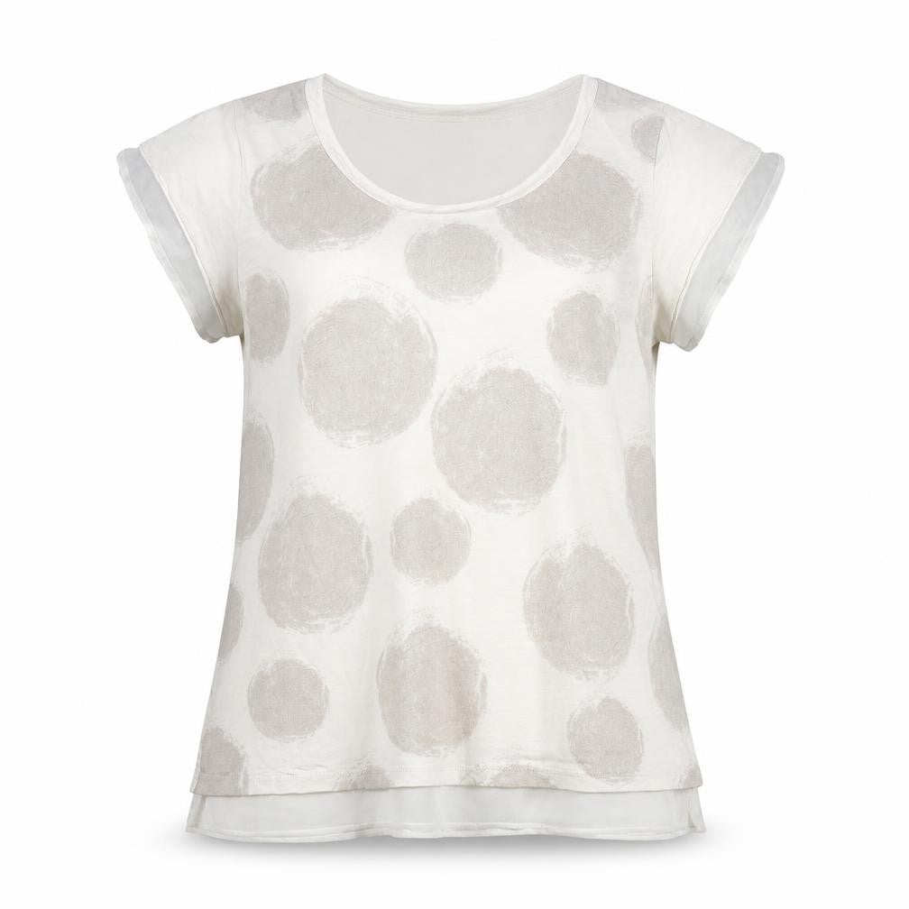 Front view of Miss Captain women’s grey cotton basic blouse, size UK 6, round neck - spotted print