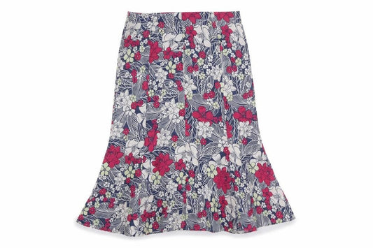 Front view of EWM women’s multicoloured floral viscose trumpet skirt, size UK 10