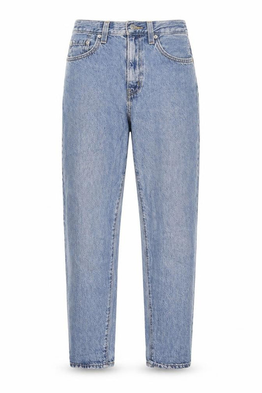 Front view of Levi's women’s blue cotton tapered jeans, size UK 24, in, 27-inch leg regular zip