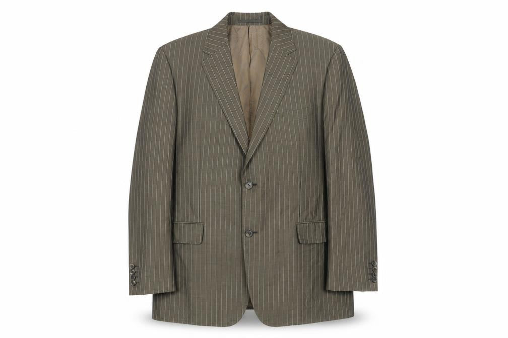 Front view of BOSS men’s brown striped wool jacket suit jacket, size 44, regular
