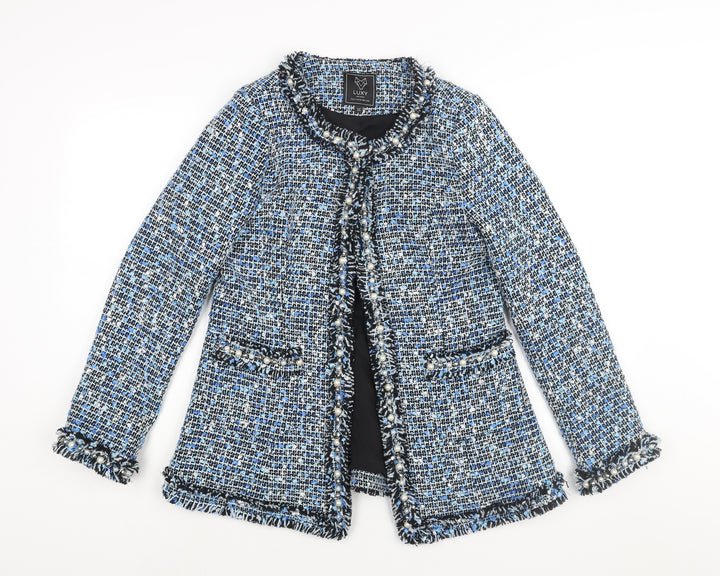 Luxy Womens Blue Jacket Size M Hook & Eye - Raw Edge Pearl Detail