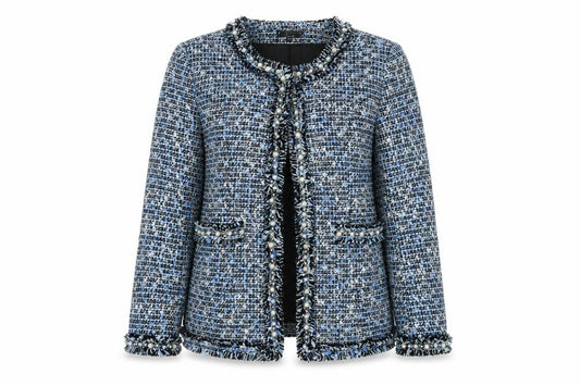 Front view of Luxy women’s blue jacket, size M, hook & eye - raw edge pearl detail