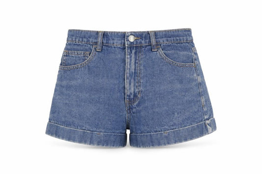 Front view of Forever 21 women’s blue cotton basic shorts, size UK 26, in regular zip