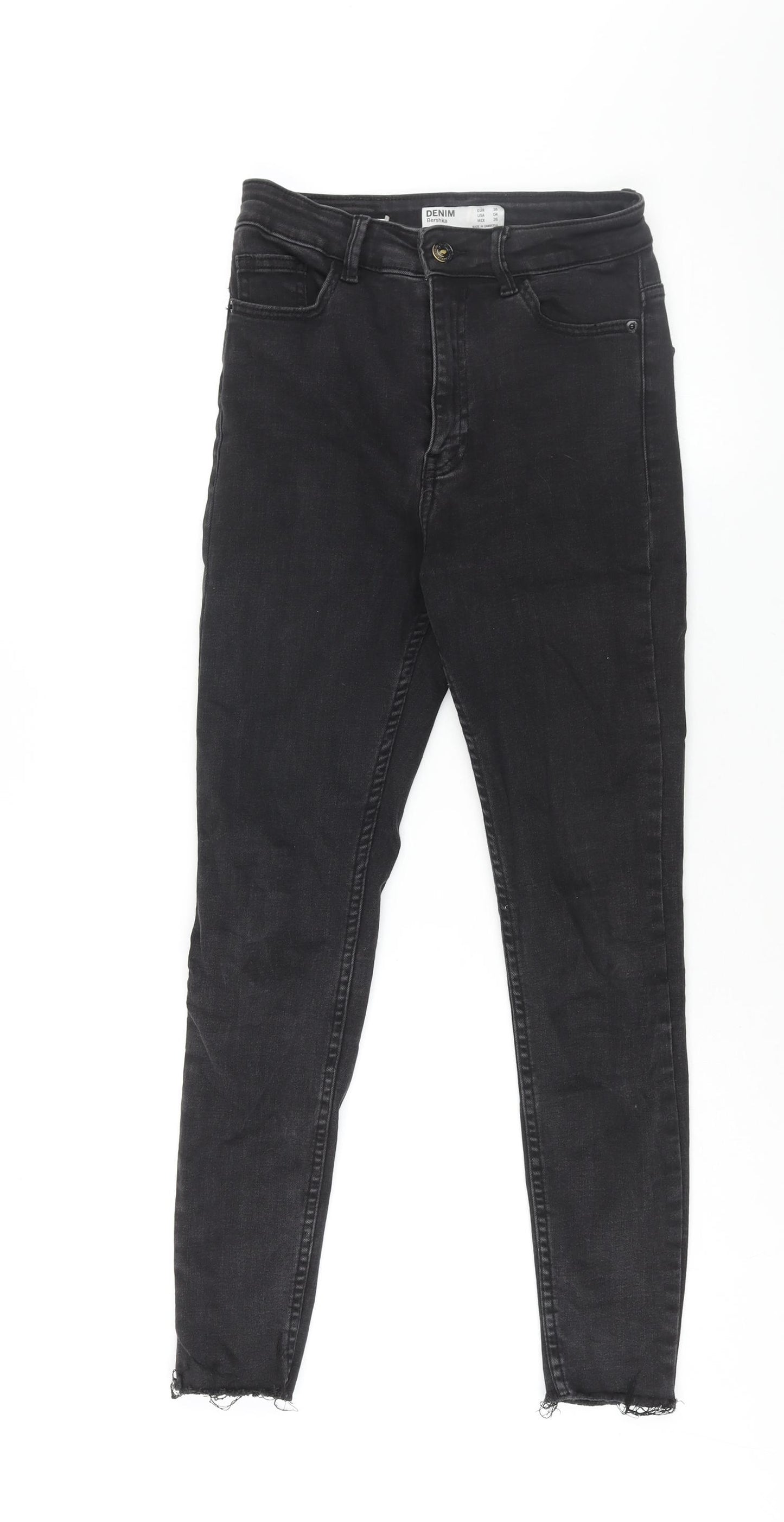 Bershka Womens Black Cotton Skinny Jeans Size 8 L26 in Regular Zip - Raw Hem