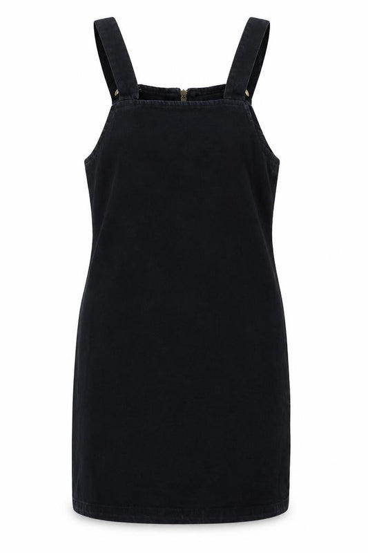 Front view of Boohoo women’s blue cotton pinafore/dungaree dress, size UK 10, square neck zip
