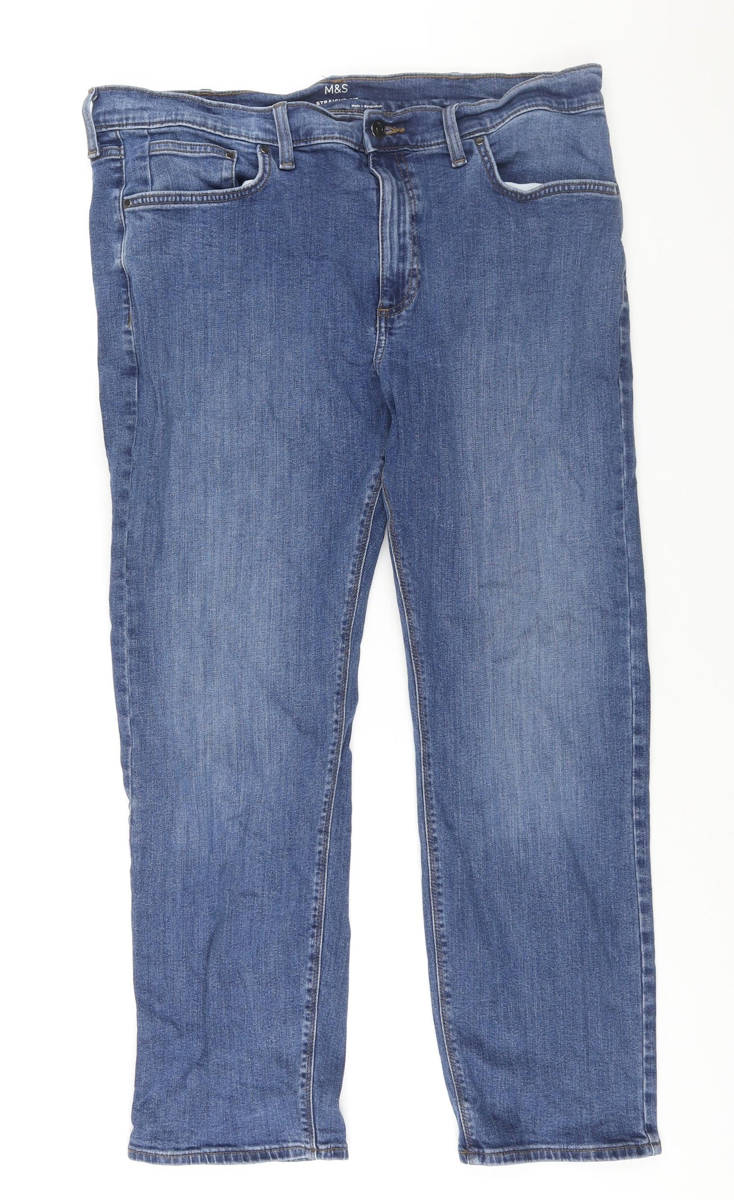Marks and Spencer Mens Blue Cotton Straight Jeans Size 38 in L29 in Regular Zip